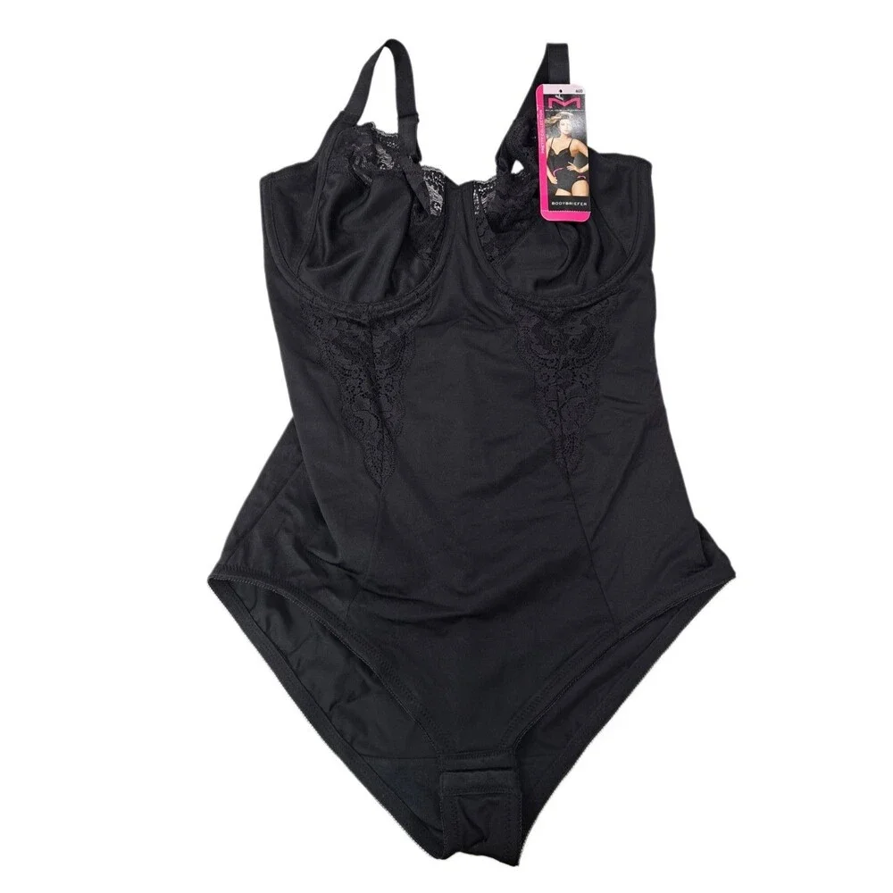 Maidenform 1456 Flexees 40D Lace Bodybriefer Built-In Bra Firm Body Shaper Black